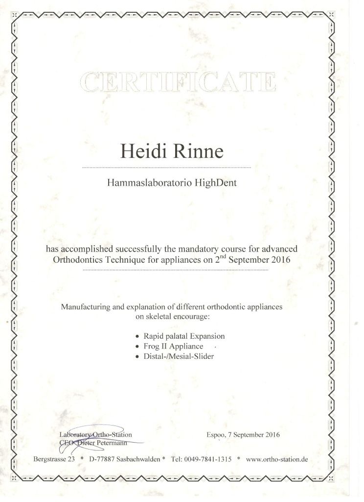 Hammaslaboratorio HighDent todistus Heidi Rinne